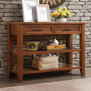 English Elm Console Sofa Table Solid Wood Distressed Finish Two Drawers Open Shelves Entryway Brown W1202P360979
