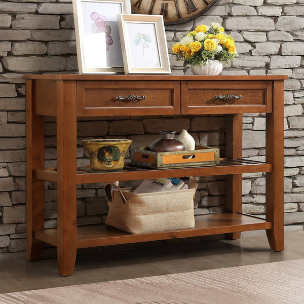 English Elm Console Sofa Table Solid Wood Distressed Finish Two Drawers Open Shelves Entryway Brown W1202P360979