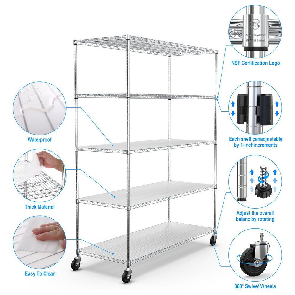 English Elm 5 Tier Heavy Duty Adjustable Storage Rack - 7500Lbs Capacity Metal Shelving Unit With Wheels & Liners W155083060