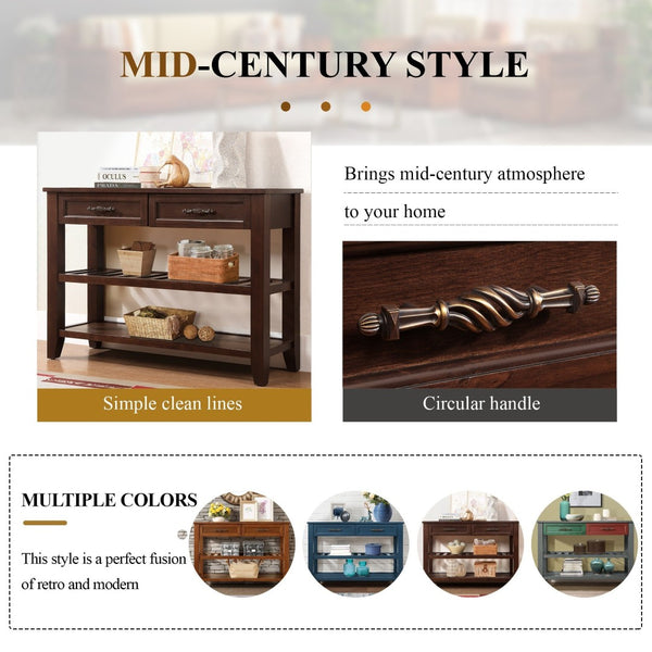 English Elm Console Sofa Table Solid Wood Distressed Finish Two Drawers Open Shelves Entryway Espresso W1202P360974