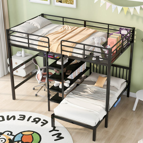 English Elm Full Full Over Twin Metal Bunk Bed with Built-In Desk, Shelves, Ladder, Space-Saving Black Design GX000623AAB