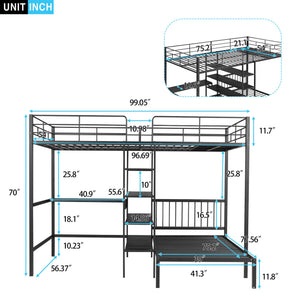 English Elm Full Full Over Twin Metal Bunk Bed with Built-In Desk, Shelves, Ladder, Space-Saving Black Design GX000623AAB