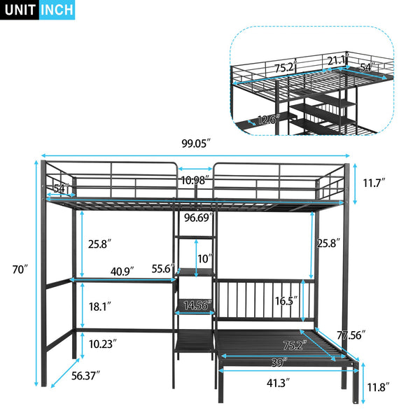 English Elm Full Full Over Twin Metal Bunk Bed with Built-In Desk, Shelves, Ladder, Space-Saving Black Design GX000623AAB