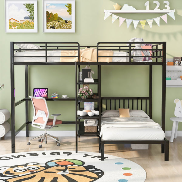 English Elm Full Full Over Twin Metal Bunk Bed with Built-In Desk, Shelves, Ladder, Space-Saving Black Design GX000623AAB