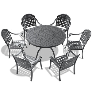 English Elm 7-Piece Cast Aluminum Patio Furniture Set With Blue Cushions For Stylish Outdoor Dining & Relaxation W1710S00485