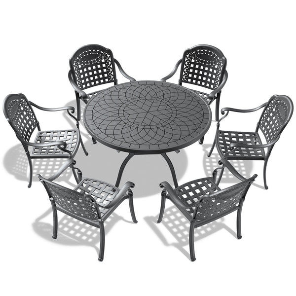 English Elm 7-Piece Cast Aluminum Patio Furniture Set With Blue Cushions For Stylish Outdoor Dining & Relaxation W1710S00485