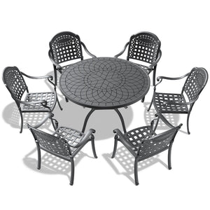 English Elm 7-piece Cast Aluminum Outdoor Dining Set with Carved Frames and Weather Resistant Cushions W1710S00560