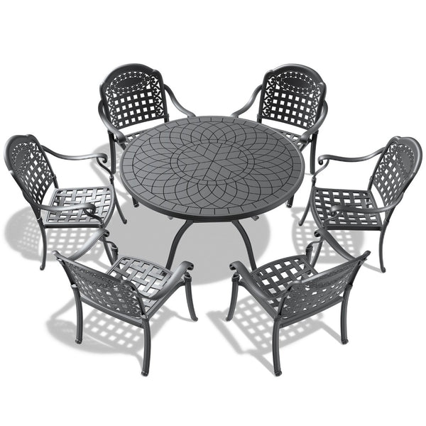 English Elm 7-piece Cast Aluminum Outdoor Dining Set with Carved Frames and Weather Resistant Cushions W1710S00560