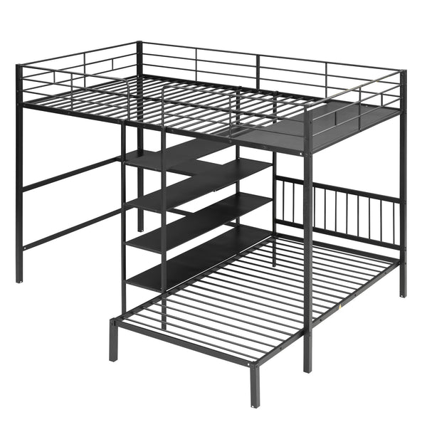 English Elm Full Full Over Twin Metal Bunk Bed with Built-In Desk, Shelves, Ladder, Space-Saving Black Design GX000623AAB