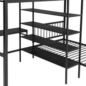 English Elm Full Full Over Twin Metal Bunk Bed with Built-In Desk, Shelves, Ladder, Space-Saving Black Design GX000623AAB