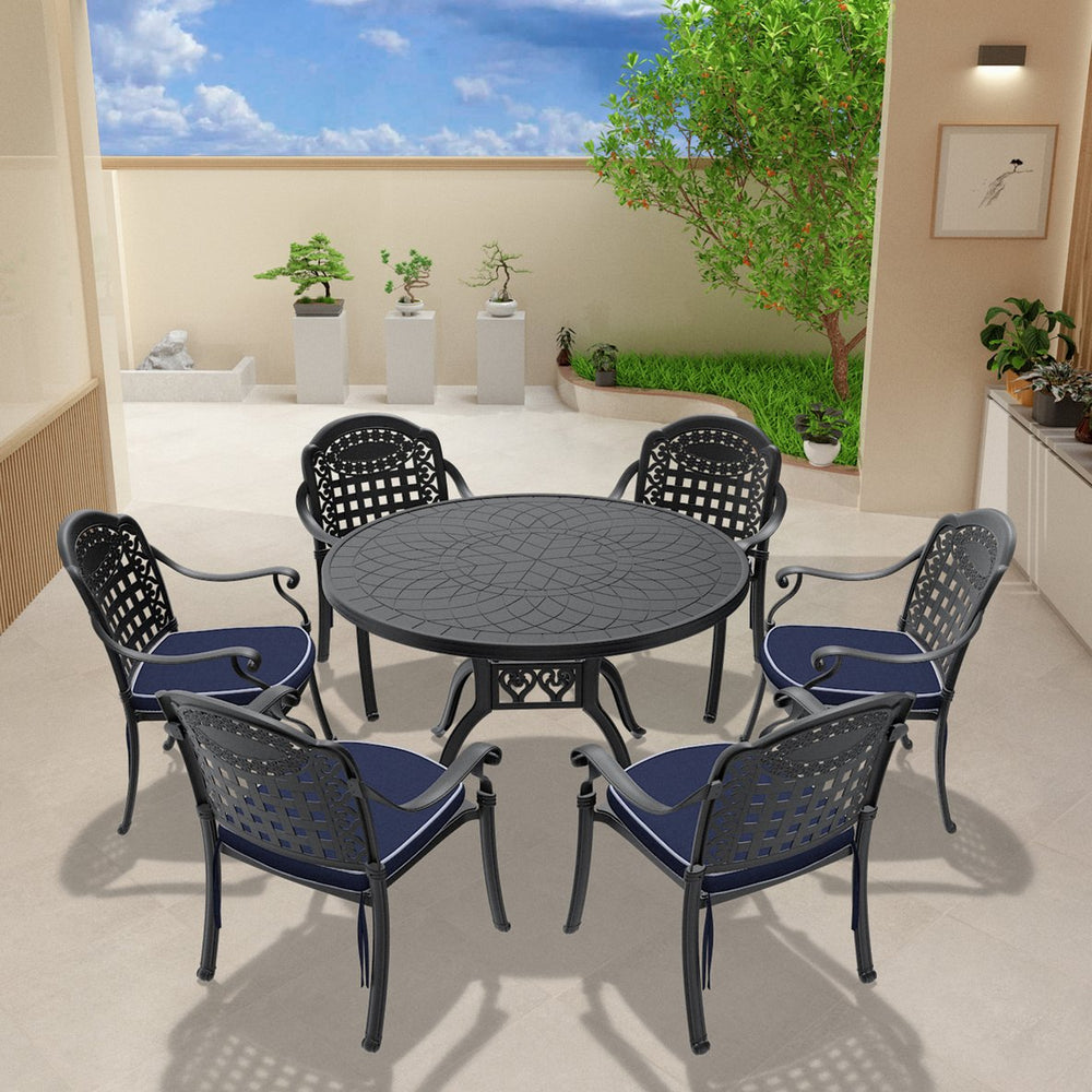 English Elm 7-Piece Cast Aluminum Patio Furniture Set With Blue Cushions For Stylish Outdoor Dining & Relaxation W1710S00485