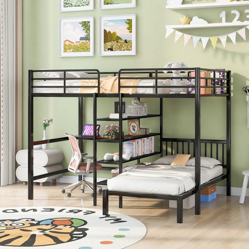 English Elm Full Full Over Twin Metal Bunk Bed with Built-In Desk, Shelves, Ladder, Space-Saving Black Design GX000623AAB