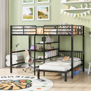 English Elm Full Full Over Twin Metal Bunk Bed with Built-In Desk, Shelves, Ladder, Space-Saving Black Design GX000623AAB