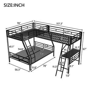 English Elm Twin Triple Bunk Bed with Loft, Desk & Shelf — Metal Black L-Shaped Sleep/Study Space, No Box SpringNeeded SM000606AAB