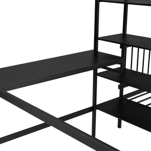 English Elm Full Full Over Twin Metal Bunk Bed with Built-In Desk, Shelves, Ladder, Space-Saving Black Design GX000623AAB