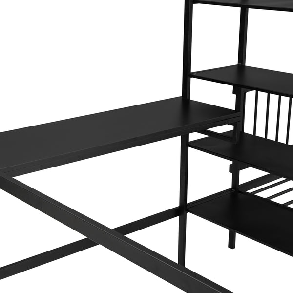 English Elm Full Full Over Twin Metal Bunk Bed with Built-In Desk, Shelves, Ladder, Space-Saving Black Design GX000623AAB
