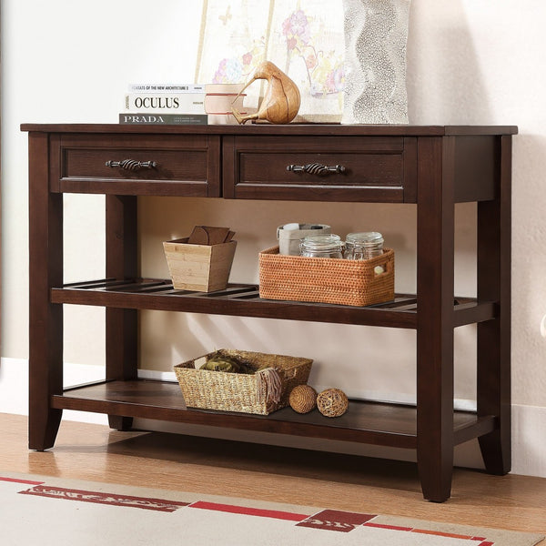 English Elm Console Sofa Table Solid Wood Distressed Finish Two Drawers Open Shelves Entryway Espresso W1202P360974