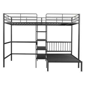 English Elm Full Full Over Twin Metal Bunk Bed with Built-In Desk, Shelves, Ladder, Space-Saving Black Design GX000623AAB