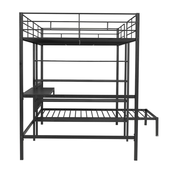 English Elm Full Full Over Twin Metal Bunk Bed with Built-In Desk, Shelves, Ladder, Space-Saving Black Design GX000623AAB