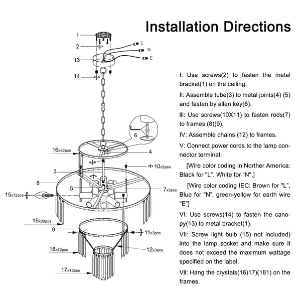 English Elm 20" Modern Crystal Chandelier Black Finish, 4-Tier K9 Crystal Pendant Light for Dining Foyer W1340102266