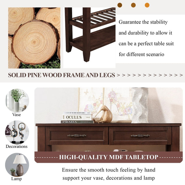 English Elm Console Sofa Table Solid Wood Distressed Finish Two Drawers Open Shelves Entryway Espresso W1202P360974