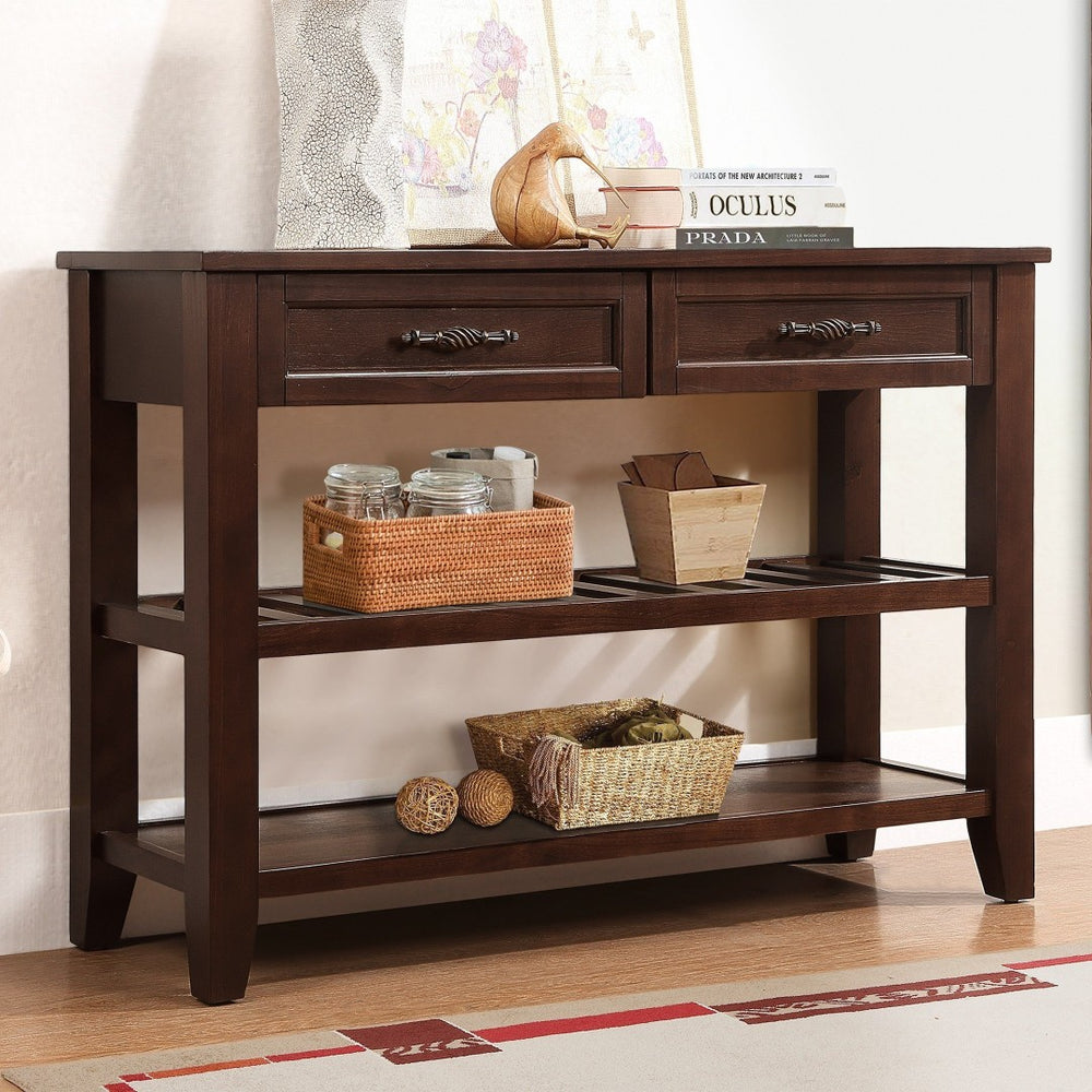 English Elm Console Sofa Table Solid Wood Distressed Finish Two Drawers Open Shelves Entryway Espresso W1202P360974