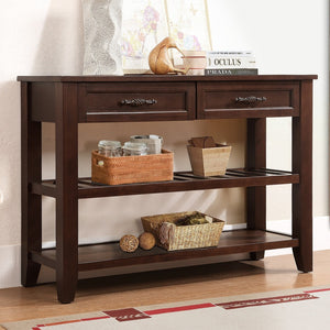English Elm Console Sofa Table Solid Wood Distressed Finish Two Drawers Open Shelves Entryway Espresso W1202P360974
