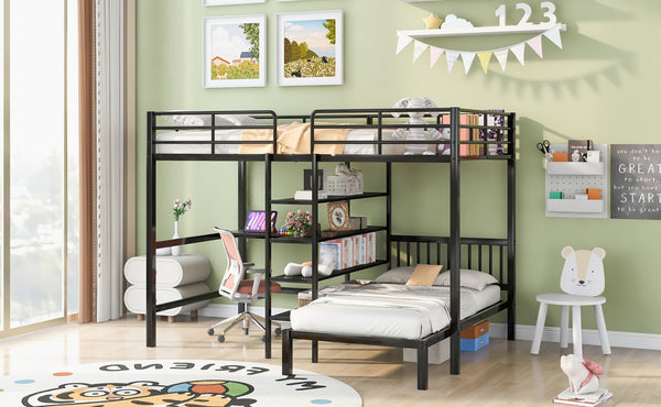 English Elm Full Full Over Twin Metal Bunk Bed with Built-In Desk, Shelves, Ladder, Space-Saving Black Design GX000623AAB