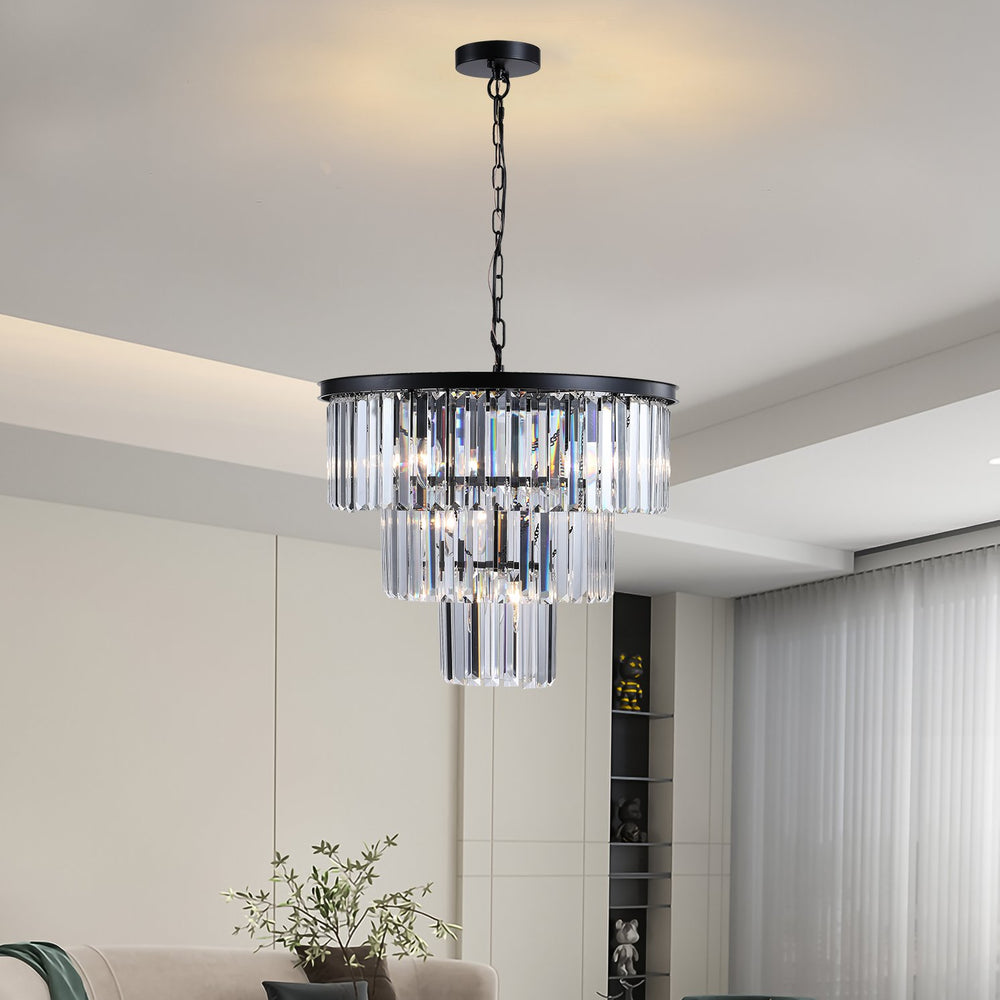English Elm (Same As W1340102277/L5007) 20" 3-Tier Crystal Chandelier, 7-Light Black Frame Pendant For Luxe Interiors W1340P189315