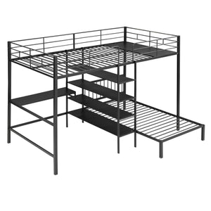 English Elm Full Full Over Twin Metal Bunk Bed with Built-In Desk, Shelves, Ladder, Space-Saving Black Design GX000623AAB