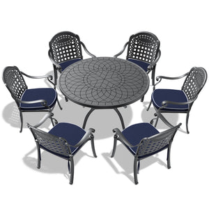 English Elm 7-Piece Cast Aluminum Patio Furniture Set With Blue Cushions For Stylish Outdoor Dining & Relaxation W1710S00485