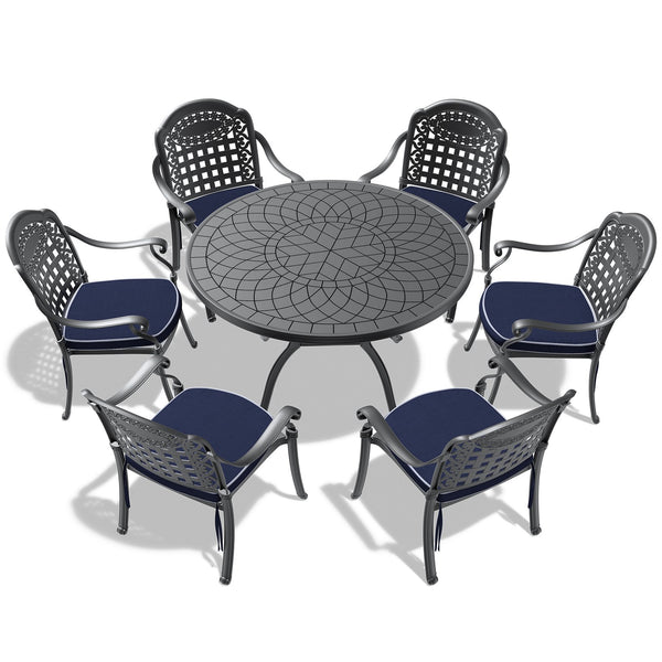 English Elm 7-Piece Cast Aluminum Patio Furniture Set With Blue Cushions For Stylish Outdoor Dining & Relaxation W1710S00485