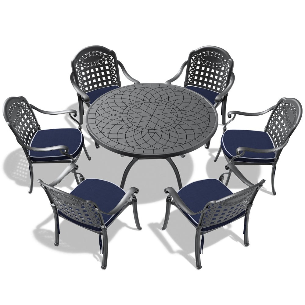 English Elm 7-piece Cast Aluminum Outdoor Dining Set with Carved Frames and Weather Resistant Cushions W1710S00560