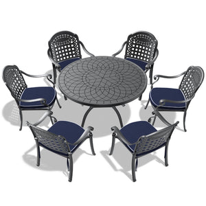 English Elm 7-piece Cast Aluminum Outdoor Dining Set with Carved Frames and Weather Resistant Cushions W1710S00560