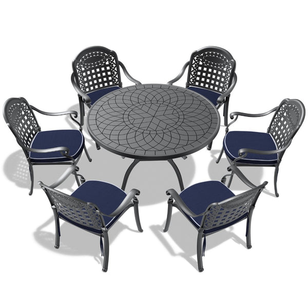 English Elm 7-piece Cast Aluminum Outdoor Dining Set with Carved Frames and Weather Resistant Cushions W1710S00560