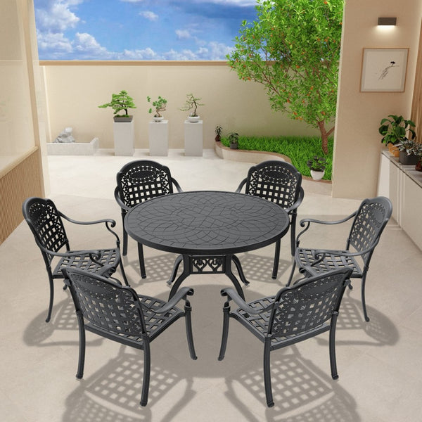 English Elm 7-piece Cast Aluminum Outdoor Dining Set with Carved Frames and Weather Resistant Cushions W1710S00560