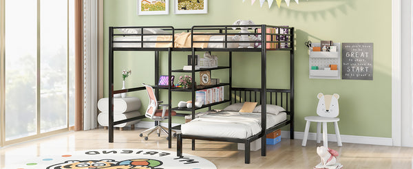 English Elm Full Full Over Twin Metal Bunk Bed with Built-In Desk, Shelves, Ladder, Space-Saving Black Design GX000623AAB