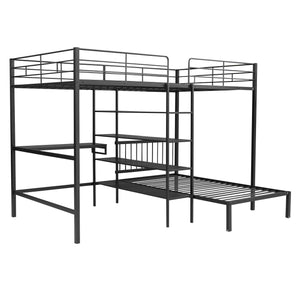 English Elm Full Full Over Twin Metal Bunk Bed with Built-In Desk, Shelves, Ladder, Space-Saving Black Design GX000623AAB