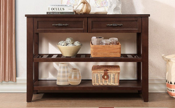 English Elm Console Sofa Table Solid Wood Distressed Finish Two Drawers Open Shelves Entryway Espresso W1202P360974
