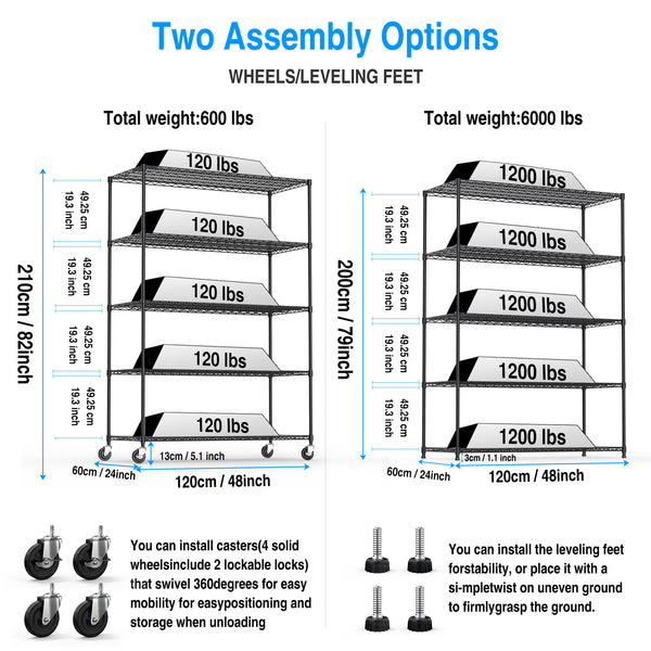 English Elm 5 5-Tier Heavy Duty Adjustable Storage Rack — 6000lb Capacity, NSF-Certified Wire Shelving on Wheels Black W155083056