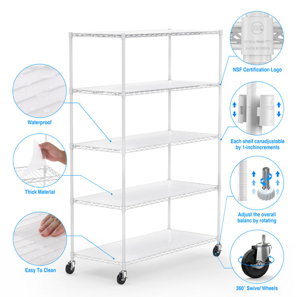 English Elm 5 5-Tier Heavy Duty Adjustable Storage Rack — 6000lb Capacity, NSF-Certified Wire Shelving on Wheels White W155083058