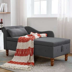 English Elm Beige Velvet Chaise with Hidden Storage Tufted Back Nailhead Trim Rolled Arm Lounge Black W1170100898