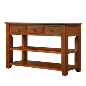 English Elm 48'' Pine Wood Console Table Vintage Entryway Piece with 3 Drawers and Open Shelves Brown W1202P360969
