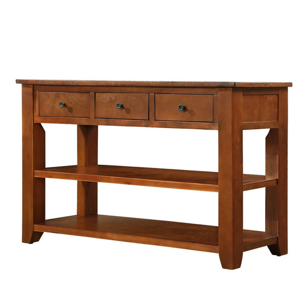 English Elm 48'' Pine Wood Console Table Vintage Entryway Piece with 3 Drawers and Open Shelves Brown W1202P360969