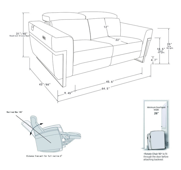 English Elm Global United Italian Leather Power Reclining Loveseat with Usb Port and Chrome Legs B05777830