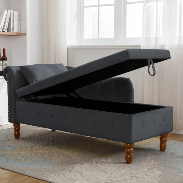 English Elm Beige Velvet Chaise with Hidden Storage Tufted Back Nailhead Trim Rolled Arm Lounge Black W1170100898
