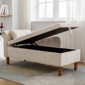 English Elm Beige Velvet Chaise with Hidden Storage Tufted Back Nailhead Trim Rolled Arm Lounge Beige W1170100896