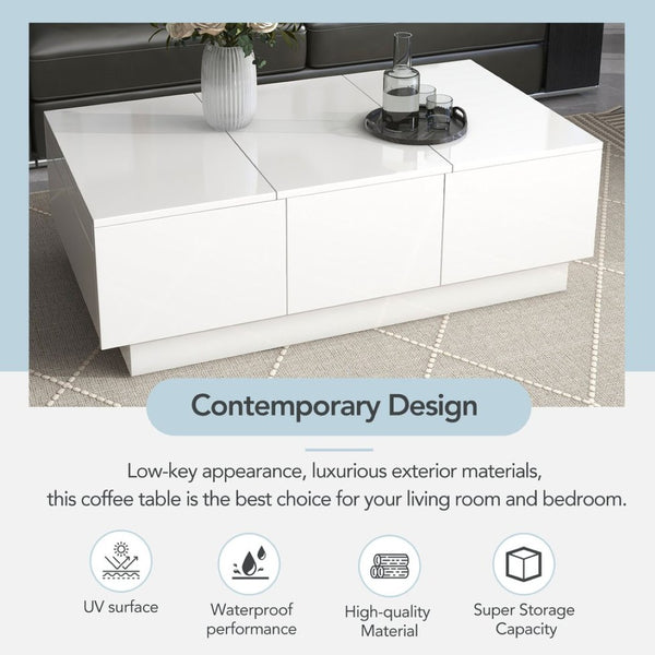 English Elm High-gloss Extendable Coffee Table with Hidden Compartments and Drawers White WF303591AAK