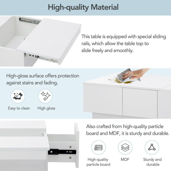 English Elm High-gloss Extendable Coffee Table with Hidden Compartments and Drawers White WF303591AAK
