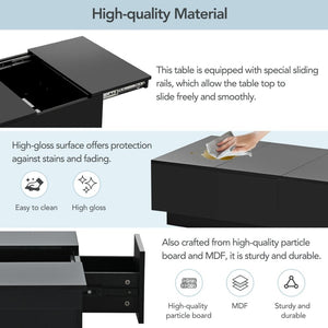 English Elm High-gloss Extendable Coffee Table with Hidden Compartments and Drawers Black WF303591AAB